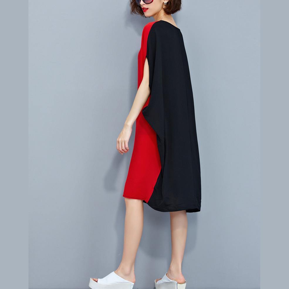 stylish red black patchwork chiffon polyester dresses trendy plus size traveling clothing top quality batwing sleeve clothing - Omychic