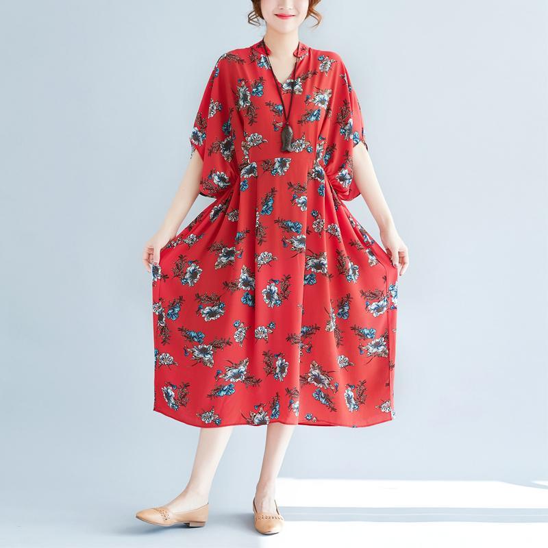 stylish red chiffon dresses plus size clothing prints gown vintage v neck maxi dresses - Omychic