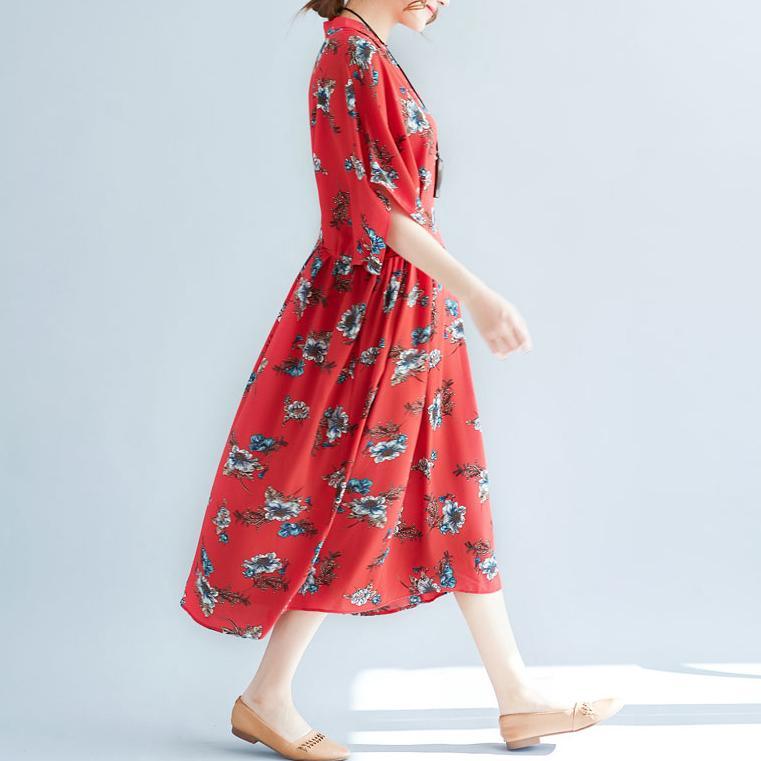 stylish red chiffon dresses plus size clothing prints gown vintage v neck maxi dresses - Omychic