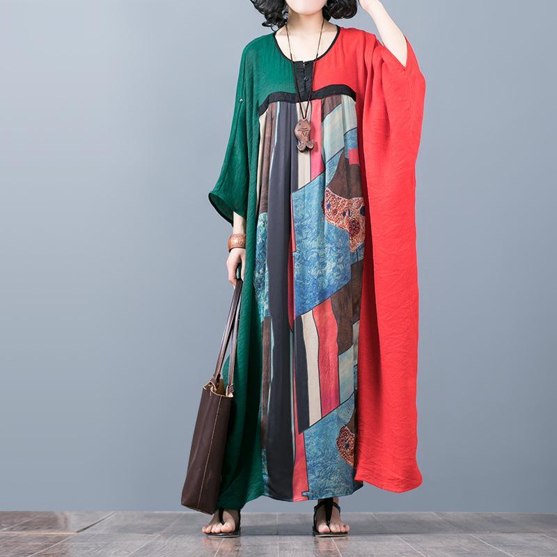 stylish red green patchwork  long silk dress casual o neck silk maxi dress top quality batwing sleeve gown - Omychic