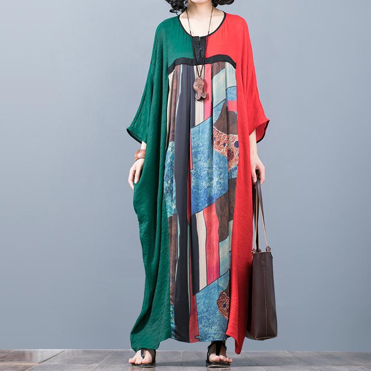 stylish red green patchwork  long silk dress casual o neck silk maxi dress top quality batwing sleeve gown - Omychic