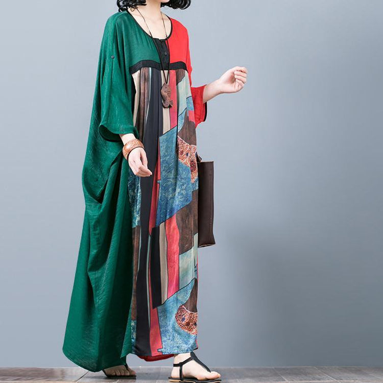 stylish red green patchwork  long silk dress casual o neck silk maxi dress top quality batwing sleeve gown - Omychic