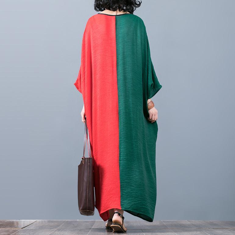 stylish red green patchwork  long silk dress casual o neck silk maxi dress top quality batwing sleeve gown - Omychic