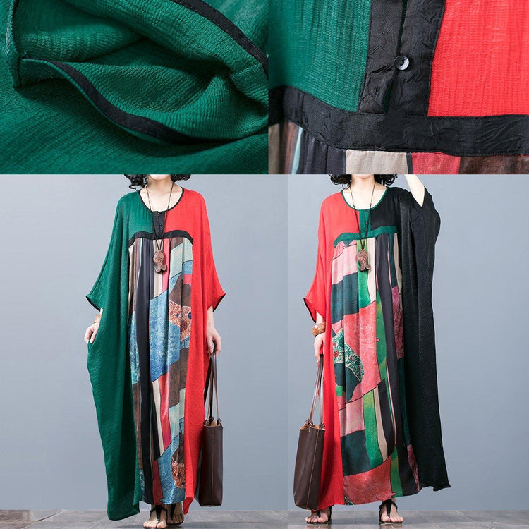 stylish red green patchwork  long silk dress casual o neck silk maxi dress top quality batwing sleeve gown - Omychic