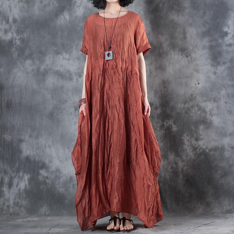 stylish red  linen dresses casual side open linen silk maxi dress women short sleeve linen caftans - Omychic