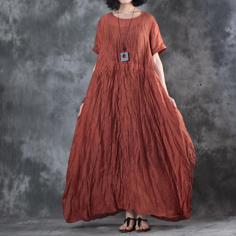 stylish red  linen dresses casual side open linen silk maxi dress women short sleeve linen caftans - Omychic