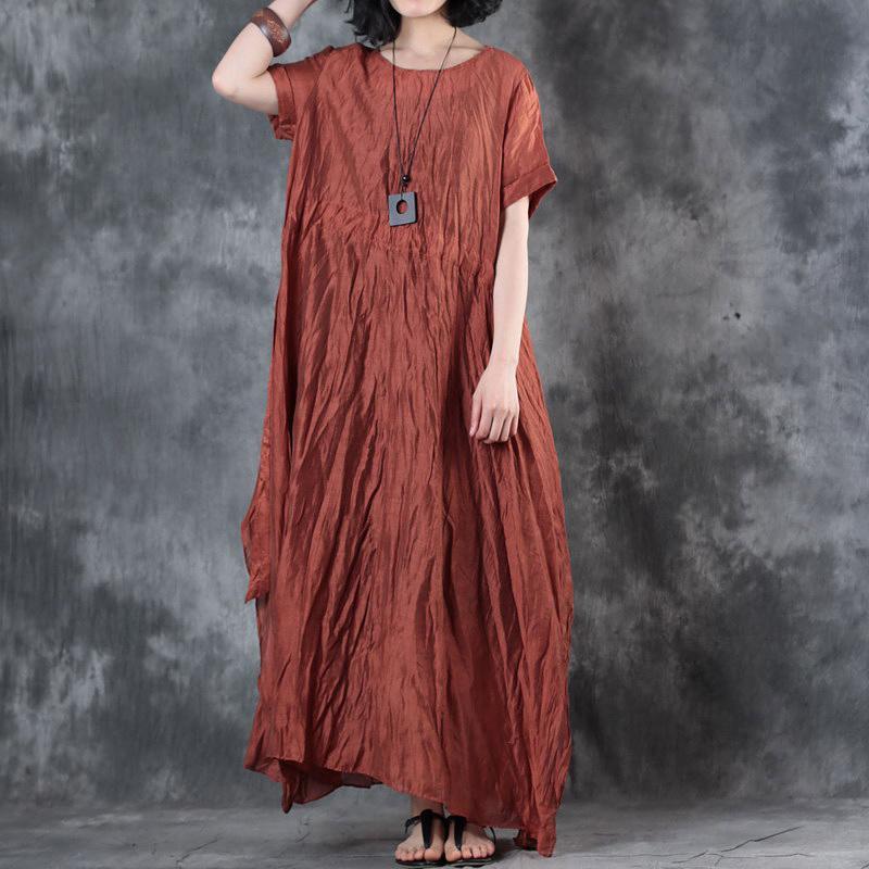 stylish red  linen dresses casual side open linen silk maxi dress women short sleeve linen caftans - Omychic