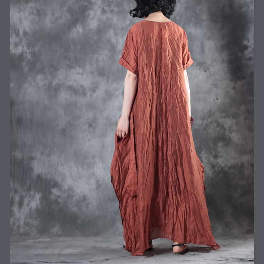 stylish red  linen dresses casual side open linen silk maxi dress women short sleeve linen caftans - Omychic