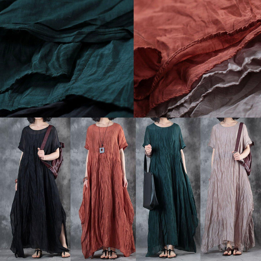 stylish red  linen dresses casual side open linen silk maxi dress women short sleeve linen caftans - Omychic