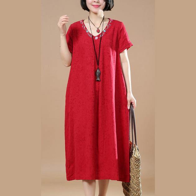 stylish red  linen maxi dress plussize v neck linen maxi dress Elegant jacquard linen caftans - Omychic