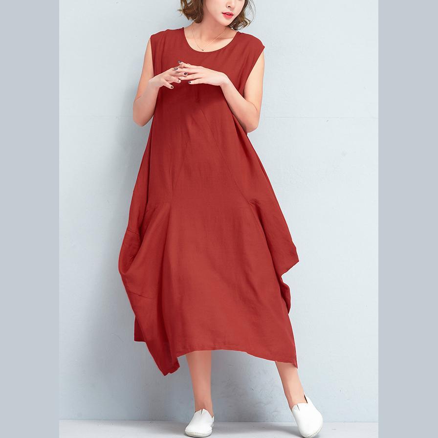 stylish red long linen dresses Loose fitting sleeveless linen gown casual asymmetric gown - Omychic