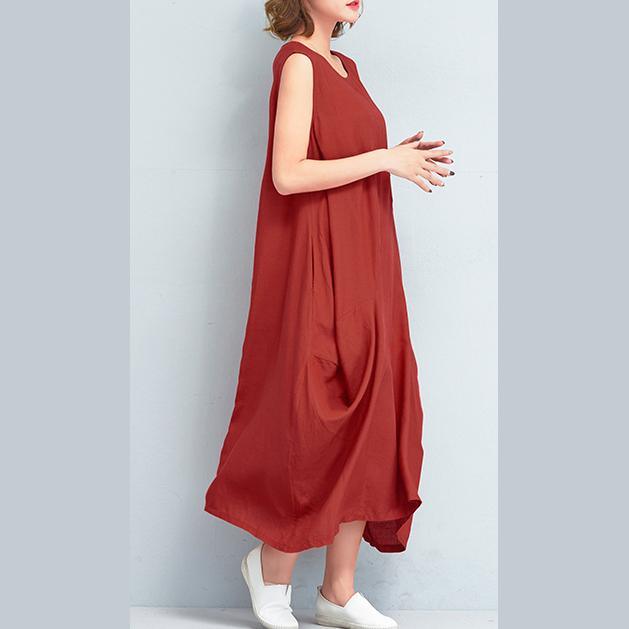 stylish red long linen dresses Loose fitting sleeveless linen gown casual asymmetric gown - Omychic
