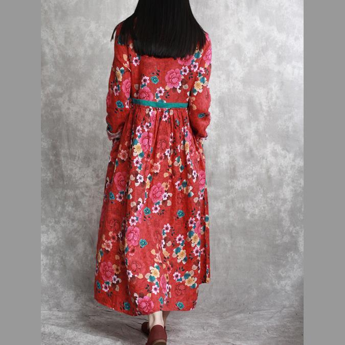 stylish red long linen dresses trendy plus size prints linen clothing dress boutique high waist gown - Omychic
