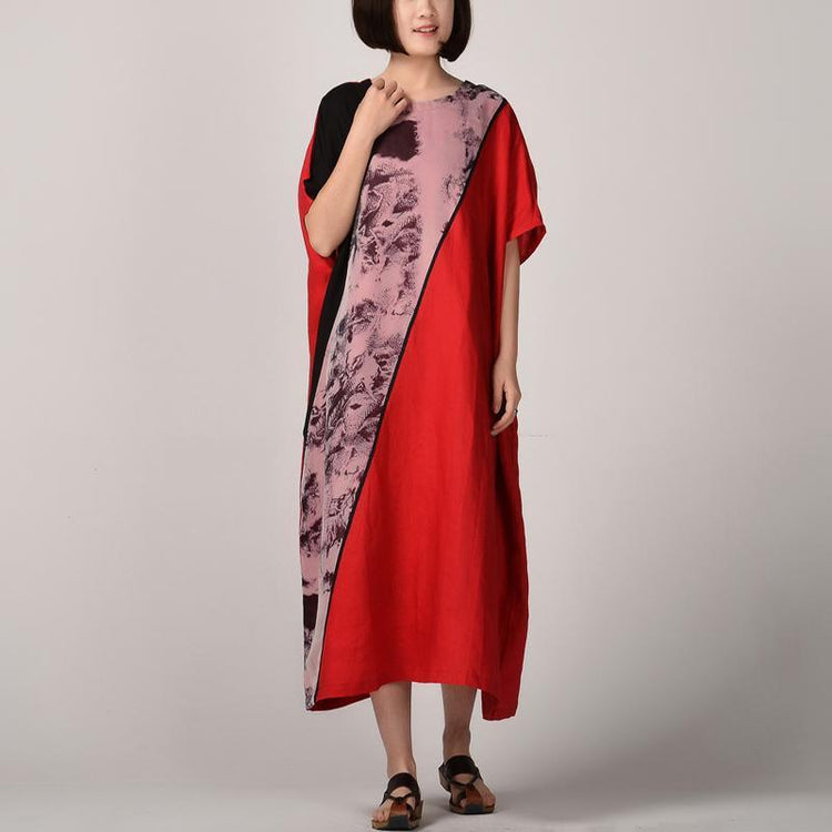 stylish red natural linen dress  plus size clothing patchwork gown Elegant batwing sleeve gown - Omychic