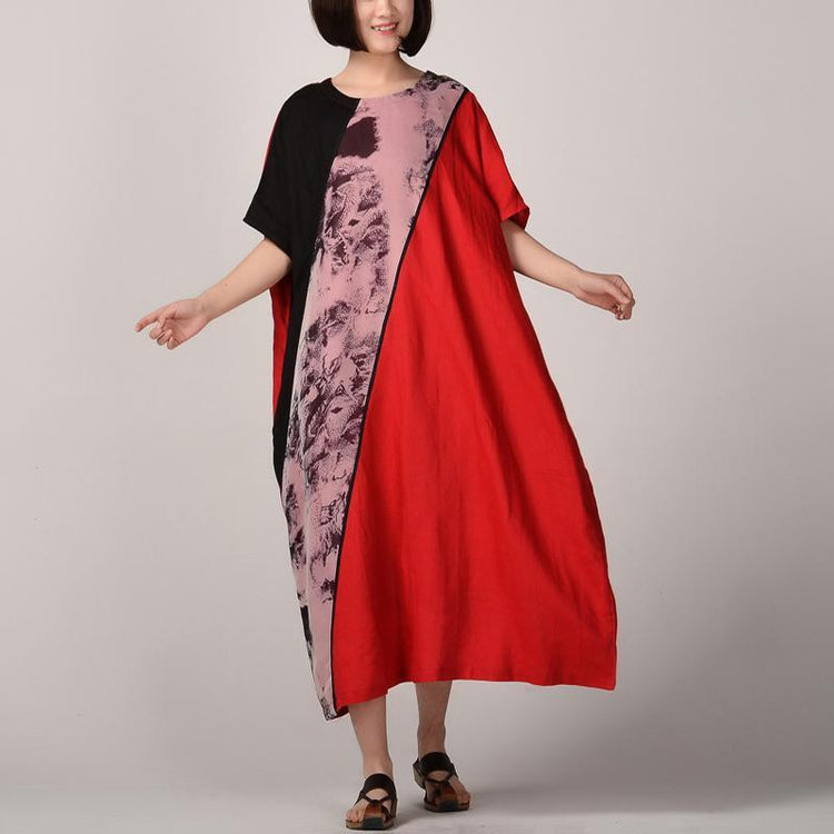 stylish red natural linen dress  plus size clothing patchwork gown Elegant batwing sleeve gown - Omychic
