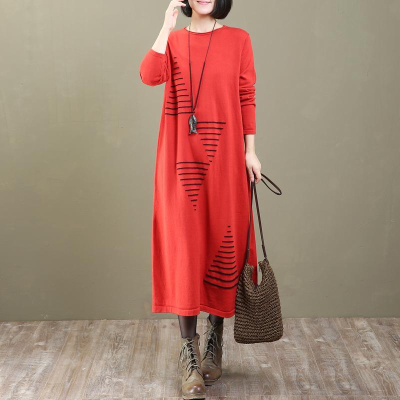 stylish red print knit dress plus size clothing pullover New long sweaters - Omychic