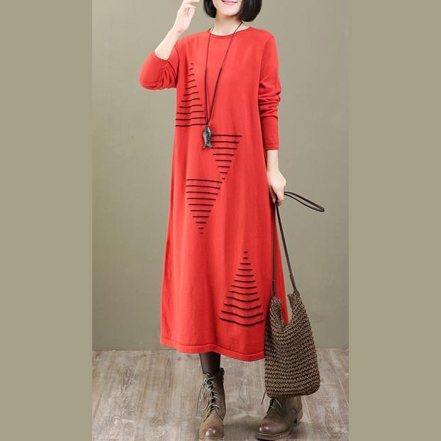 stylish red print knit dress plus size clothing pullover New long sweaters - Omychic