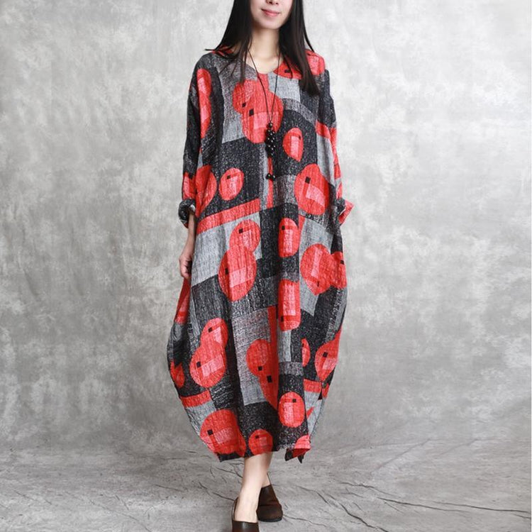 stylish red prints linen caftans oversize asymmetric linen clothing dress casual v neck maxi dresses - Omychic