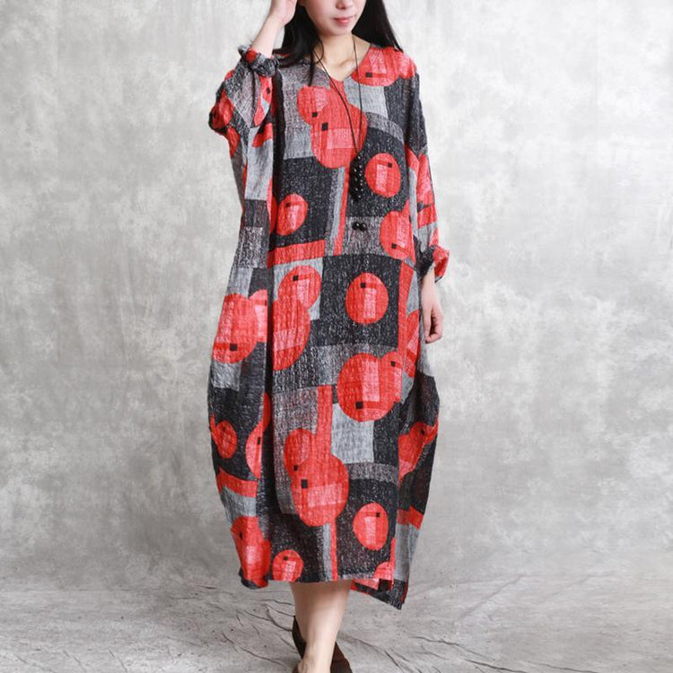 stylish red prints linen caftans oversize asymmetric linen clothing dress casual v neck maxi dresses - Omychic