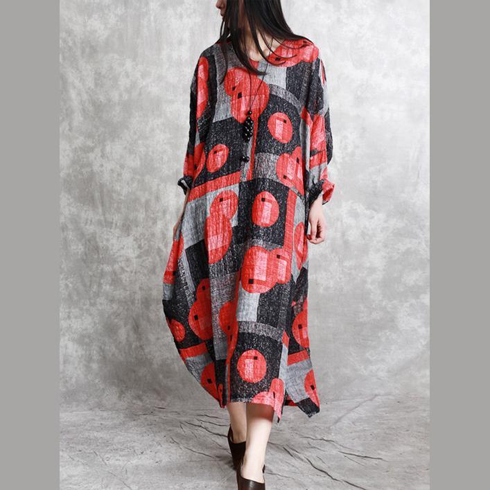 stylish red prints linen caftans oversize asymmetric linen clothing dress casual v neck maxi dresses - Omychic