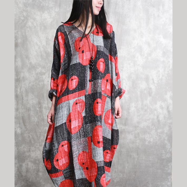 stylish red prints linen caftans oversize asymmetric linen clothing dress casual v neck maxi dresses - Omychic