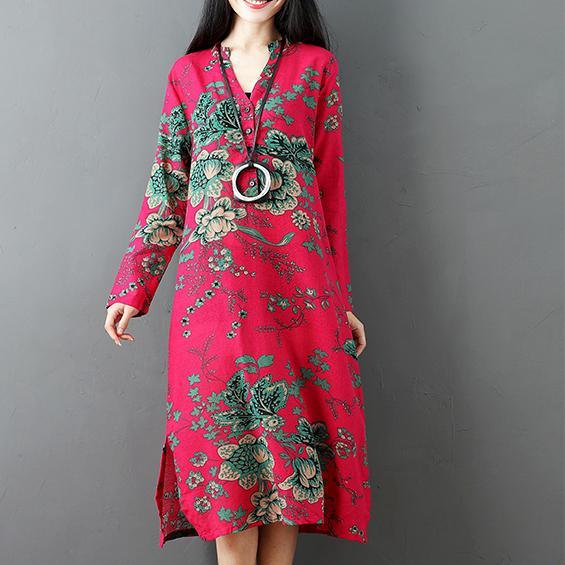 stylish red prints linen dresses plus size clothing side open linen clothing dresses casual long sleeve linen caftans - Omychic