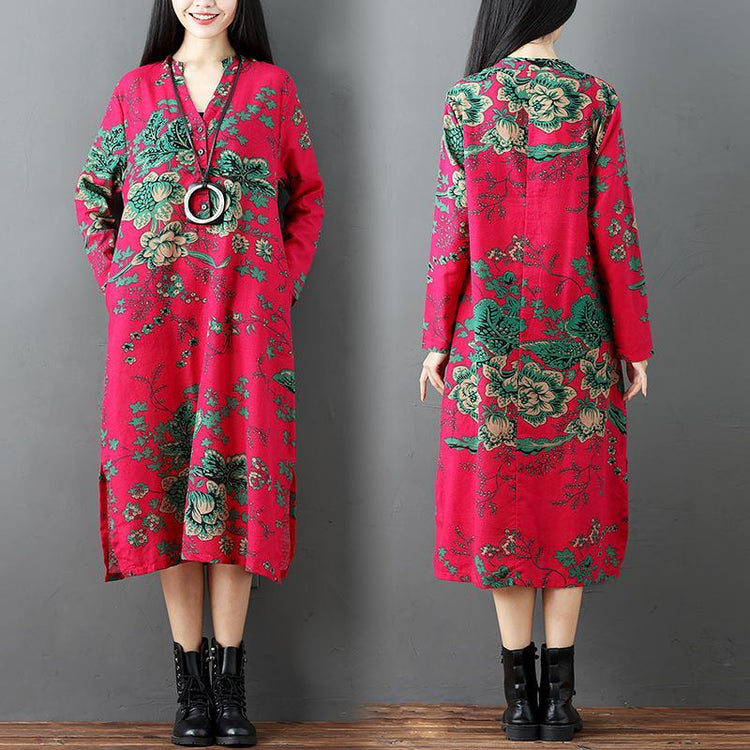 stylish red prints linen dresses plus size clothing side open linen clothing dresses casual long sleeve linen caftans - Omychic
