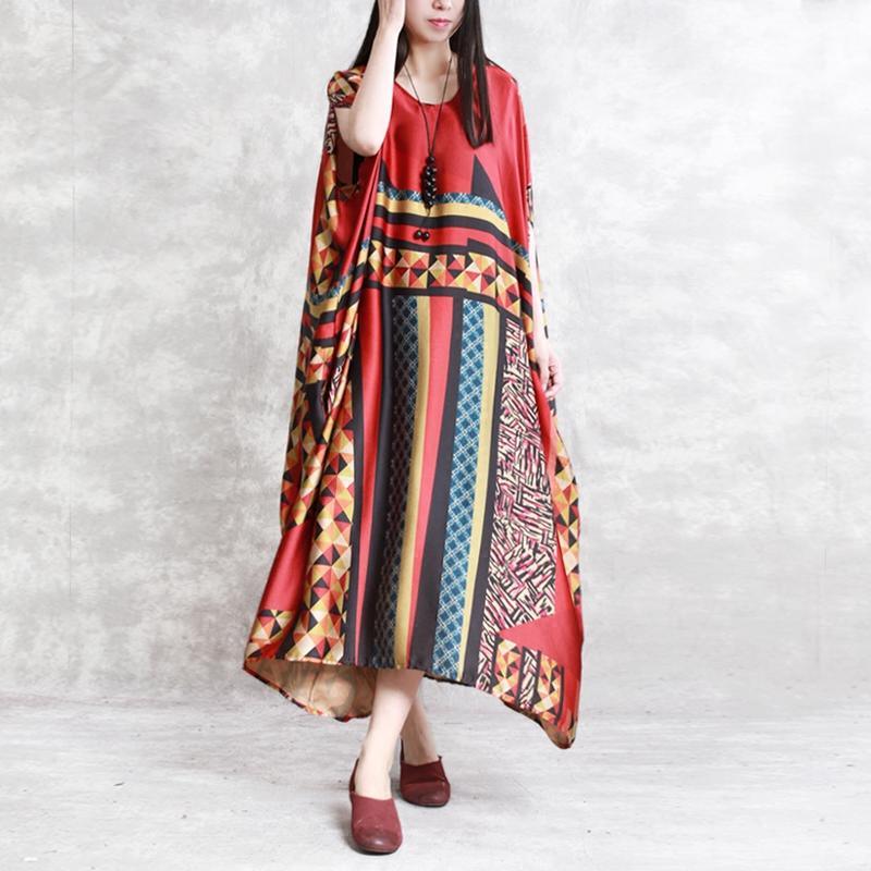 stylish red prints silk maxi dress oversized v neck silk maxi dress Elegant batwing sleeve gown - Omychic