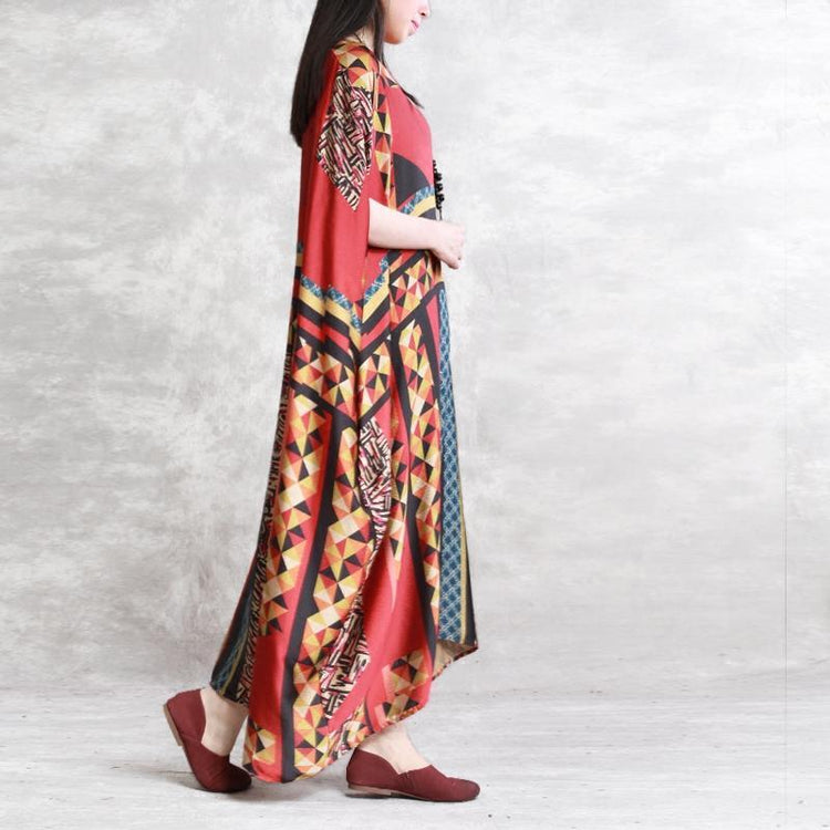stylish red prints silk maxi dress oversized v neck silk maxi dress Elegant batwing sleeve gown - Omychic