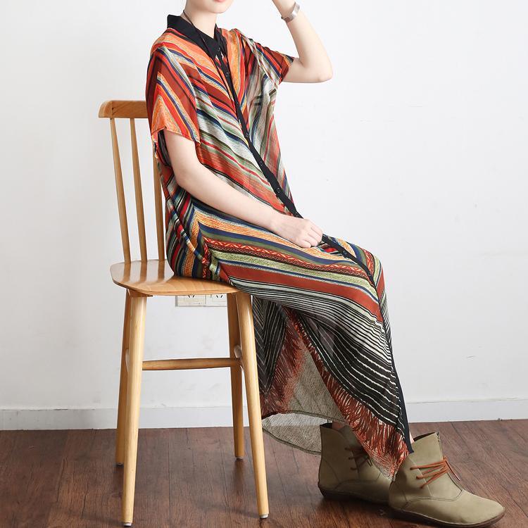 stylish red striped chiffon dress oversized prints cotton gown boutique lapel  clothing dresses - Omychic