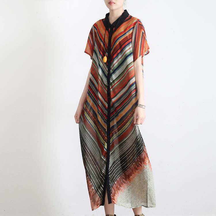 stylish red striped chiffon dress oversized prints cotton gown boutique lapel  clothing dresses - Omychic