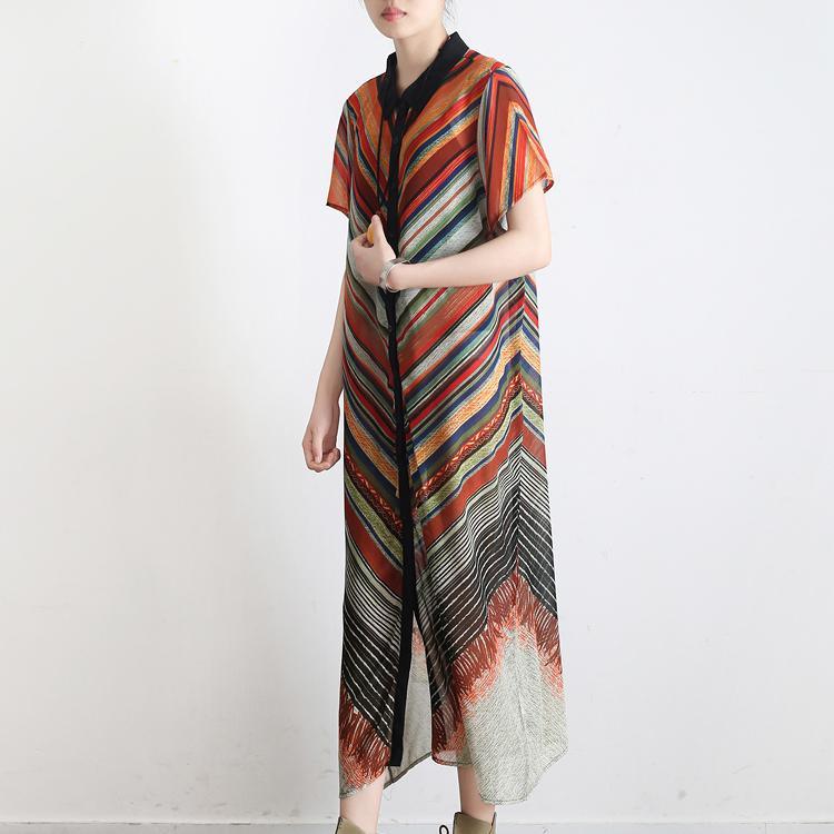 stylish red striped chiffon dress oversized prints cotton gown boutique lapel  clothing dresses - Omychic