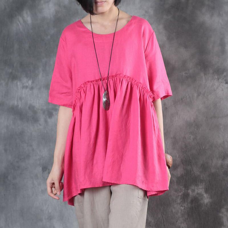 stylish rose linen tops plus size linen maxi t shirts Fine short sleeve patchwork midi tops - Omychic