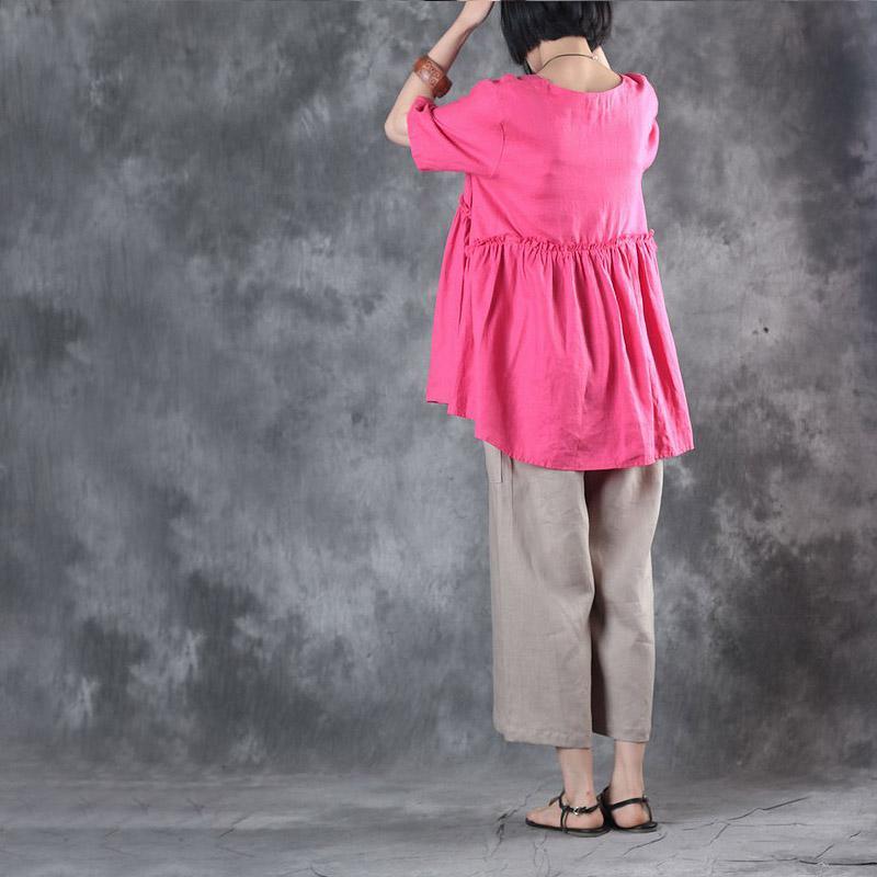 stylish rose linen tops plus size linen maxi t shirts Fine short sleeve patchwork midi tops - Omychic