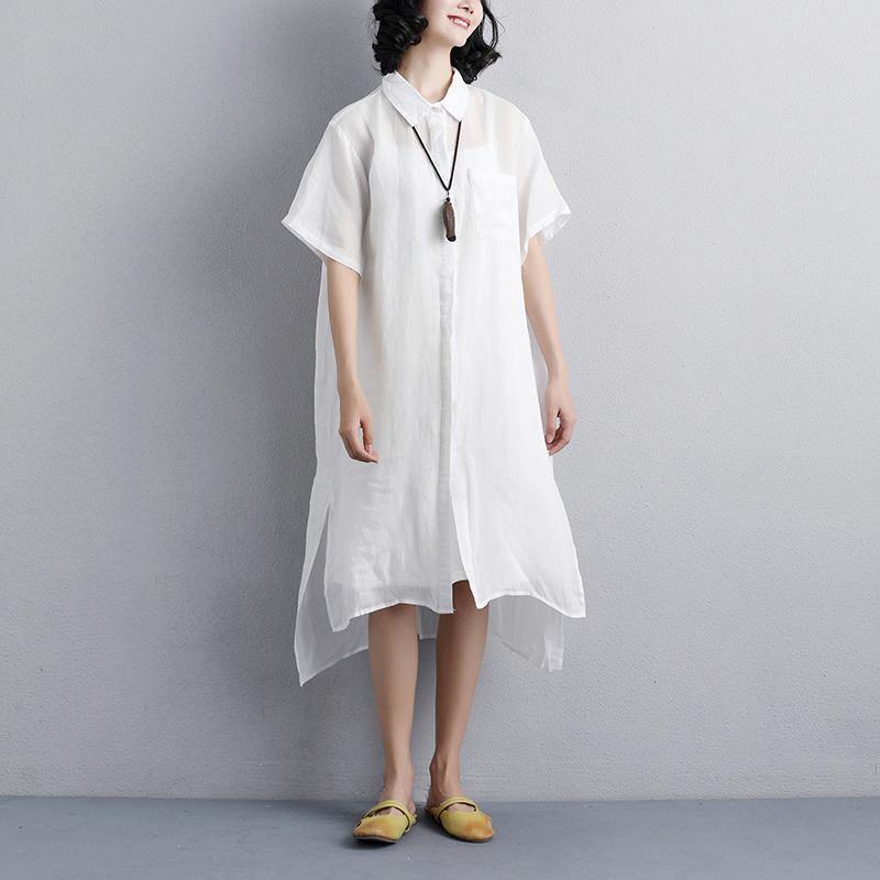 stylish summer dress plus size Casual Polo Collar White Short Sleeve Shirt Dress - Omychic