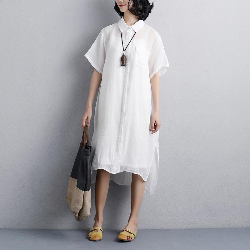 stylish summer dress plus size Casual Polo Collar White Short Sleeve Shirt Dress - Omychic