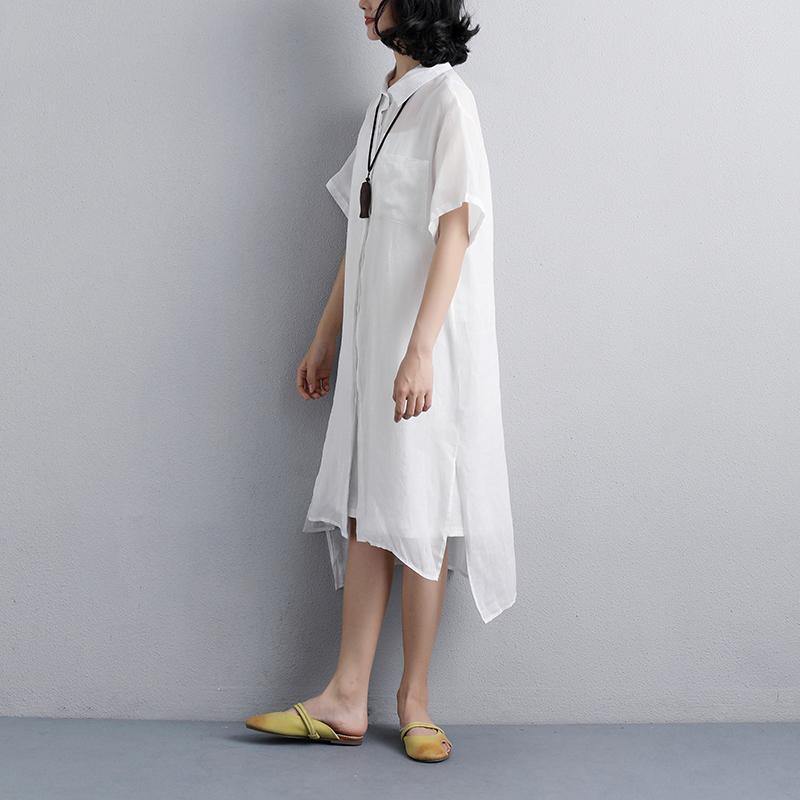 stylish summer dress plus size Casual Polo Collar White Short Sleeve Shirt Dress - Omychic