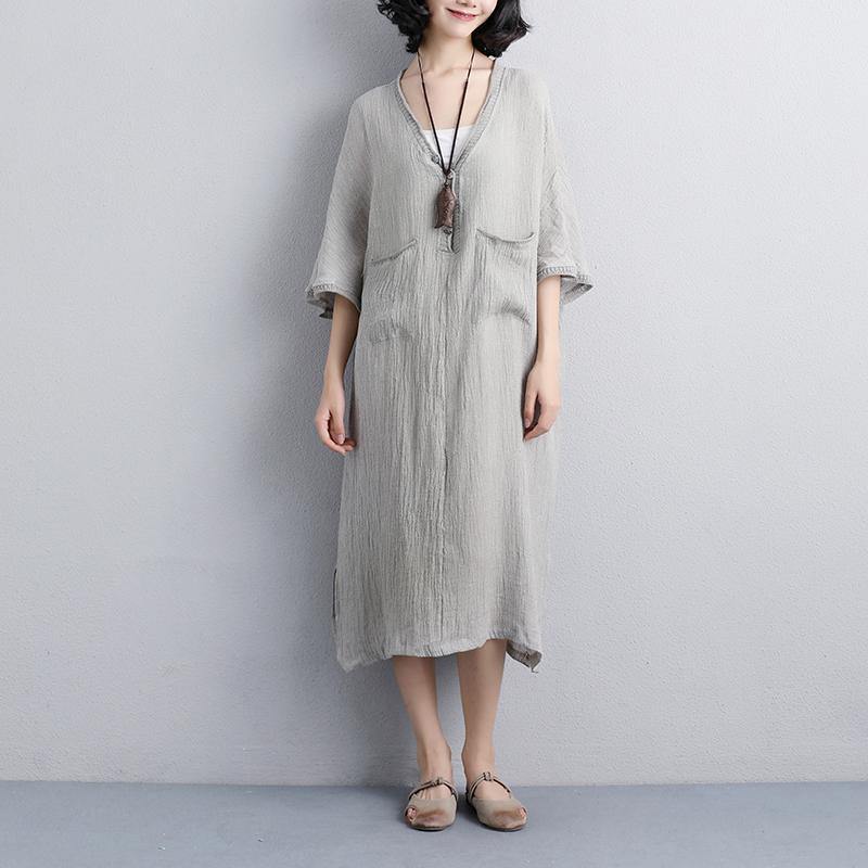 stylish summer dresses plus size Loose V Neck 12 Sleeve Gray Knitting Dress - Omychic