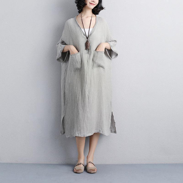 stylish summer dresses plus size Loose V Neck 12 Sleeve Gray Knitting Dress - Omychic