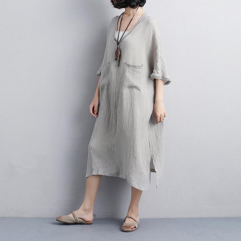 stylish summer dresses plus size Loose V Neck 12 Sleeve Gray Knitting Dress - Omychic