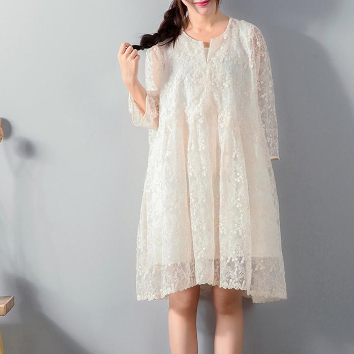 stylish white lace dress plussize traveling clothing Fine loose waist big hem knee dresses - Omychic