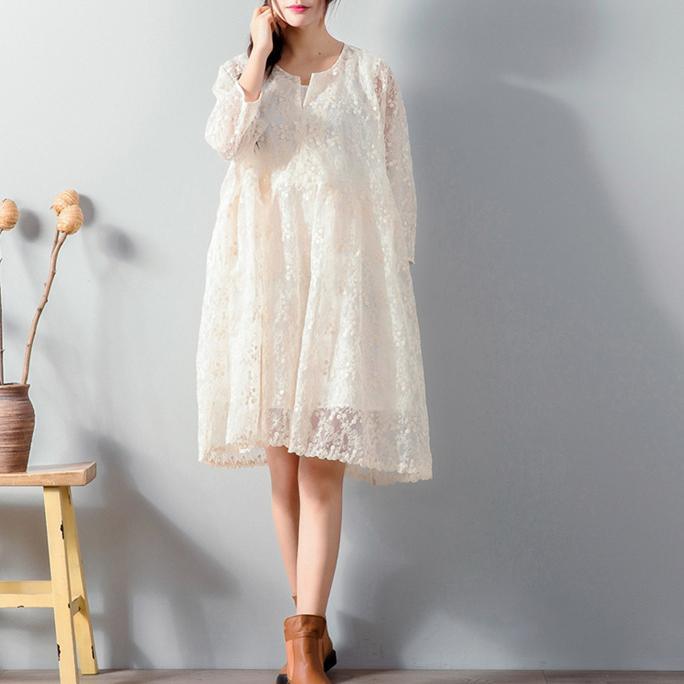 stylish white lace dress plussize traveling clothing Fine loose waist big hem knee dresses - Omychic