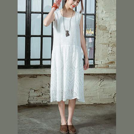 stylish white linen dresses trendy plus size linen maxi dress Fine hollow out sleeveless cotton dresses - Omychic