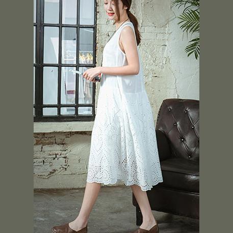 stylish white linen dresses trendy plus size linen maxi dress Fine hollow out sleeveless cotton dresses - Omychic