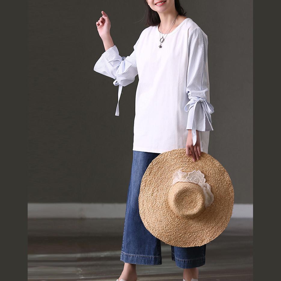 stylish white linen oversize linen maxi t shirts New o neck patchwork cotton shirts - Omychic