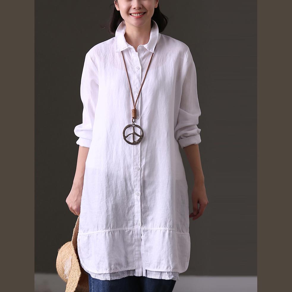 stylish white linen tops Loose fitting casual cardigans Elegant lapel collar patchwork natural linen pullover - Omychic