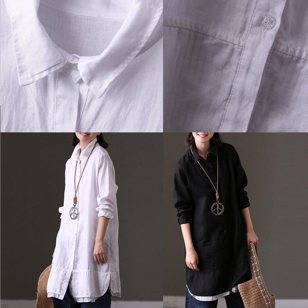 stylish white linen tops Loose fitting casual cardigans Elegant lapel collar patchwork natural linen pullover - Omychic