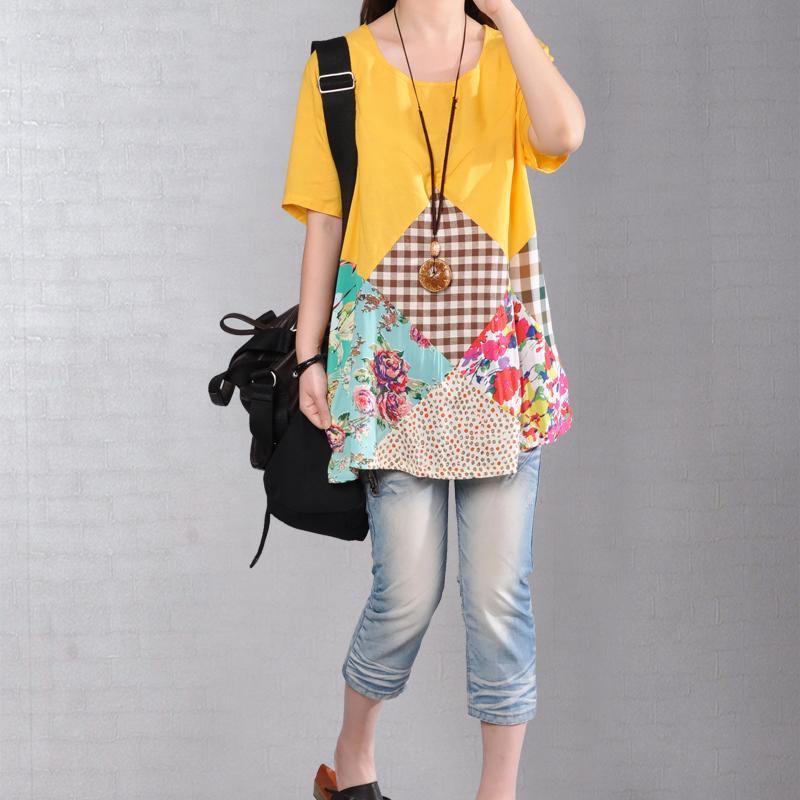 stylish yellow Midi-length linen t shirt plus size traveling blouse New short sleeve patchwork cotton tops - Omychic
