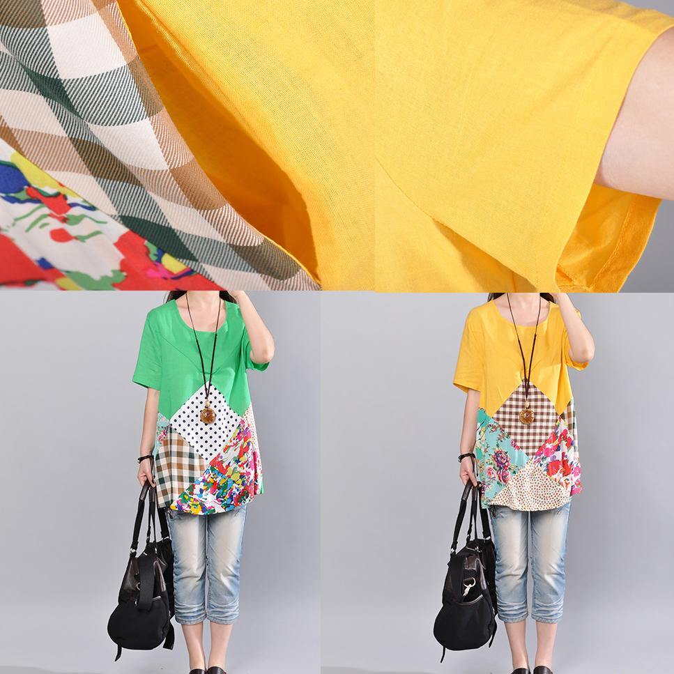 stylish yellow Midi-length linen t shirt plus size traveling blouse New short sleeve patchwork cotton tops - Omychic