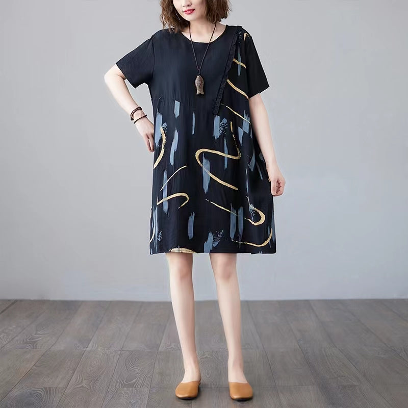 stylish black prints pure linen dresses  plus size linen clothing dresses boutique o neck patchwork linen dress